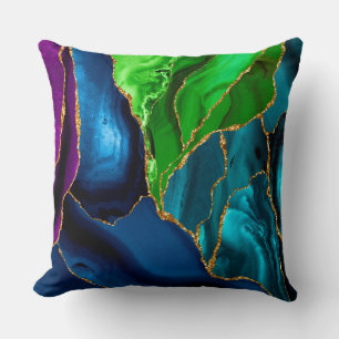 Coussin Agate de paon bleu, violet et vert Faux paillettes