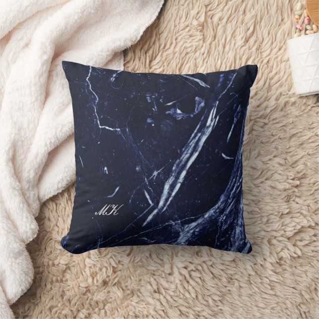 Coussin Agate Marine Marbre Bleu Nom personnalisé Lettre (Couverture)