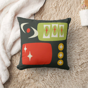 Coussin Âge atomique motif MCM en noir, rouge, vert