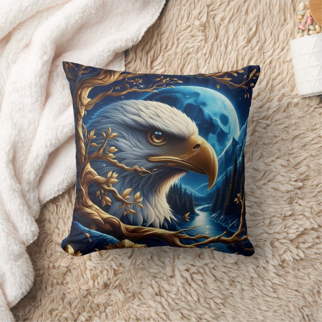 Coussin Aigle Perché Près De La Rivière Sous Ciel Lune (Couverture)