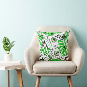 Coussin Aile de papillon noir blanc vert abstrait