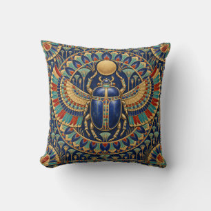 Coussin Aile de Scarabée Royale Égyptienne Bleu Or