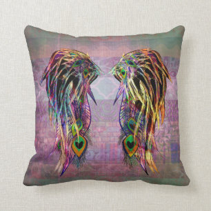 Coussin Ailes de Bohème colorées d'ange de plume de paon