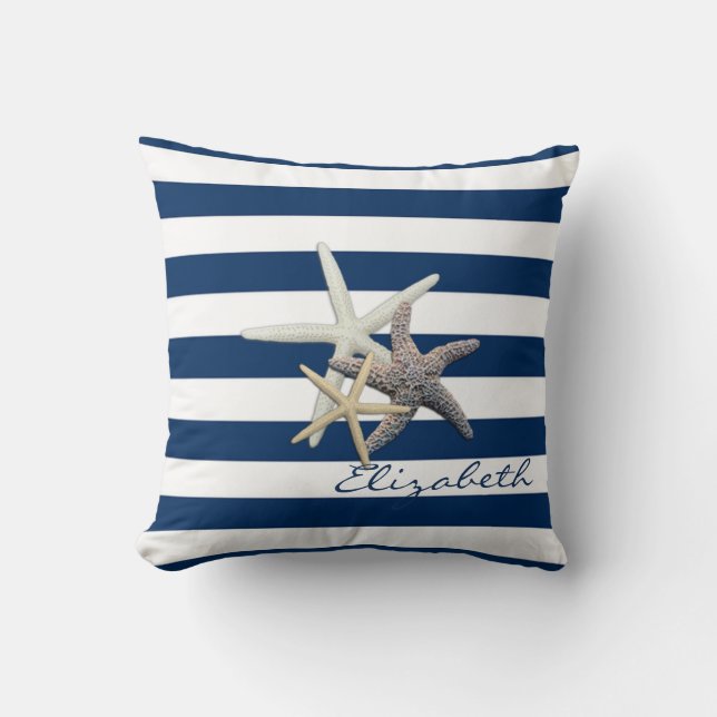 Coussin Aimable Starfish, Bleu Marine Bleu Bandes Personna (Recto)