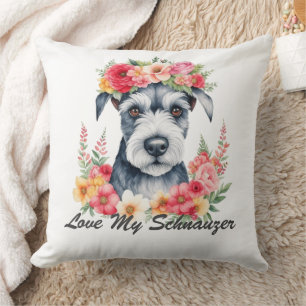 Coussin Aime mon schnauzer floral