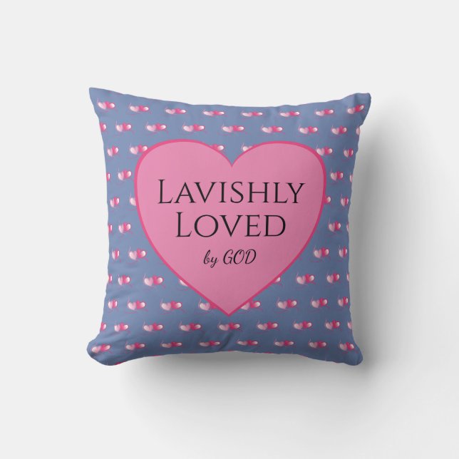 Coussin AIMÉ PAR DIEU Coeurs roses Personnalisé Blue Valen (Recto)