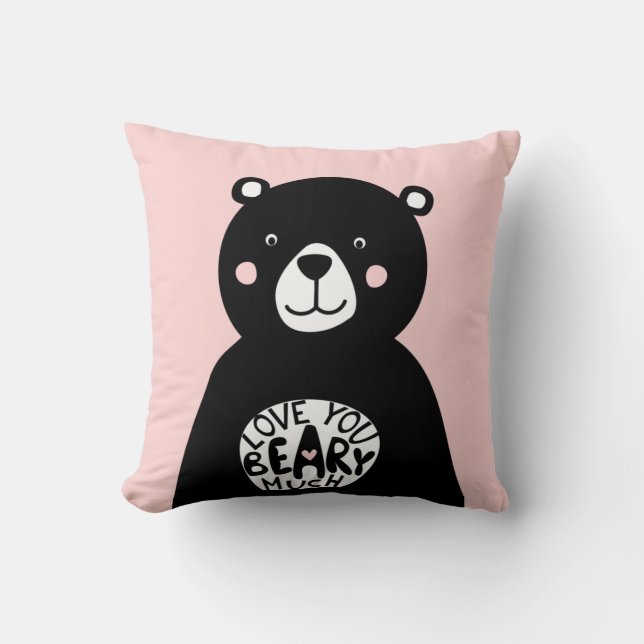Coussin Aimez-vous Beary Beaucoup Ours Noir Lettres Rose (Recto)