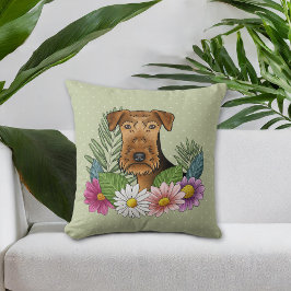 Coussin Airedale Terrier Et Fleurs D'Été Colorées Vert