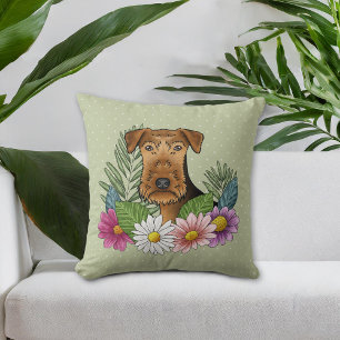 Coussin Airedale Terrier Et Fleurs D'Été Colorées Vert