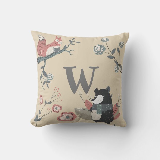 Coussin AJOUTER LA LETTRE - Animaux des bois nordiques (Recto)