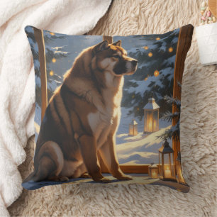 Coussin Akita Américain avec lumières de Noël pour les fêt