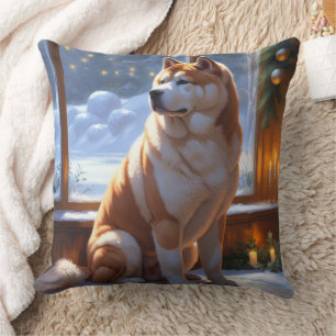 Coussin Akita avec lumières de Noël vacances