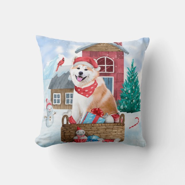 Coussin Akita Chien dans la neige Maison de Chien de Noël (Recto)