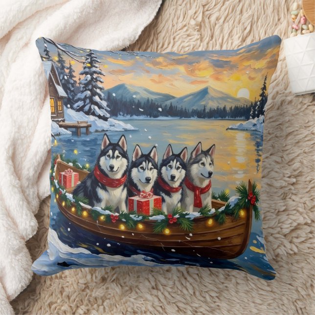 Coussin Alaskan Malamute Christmas Boat Holiday (Couverture)