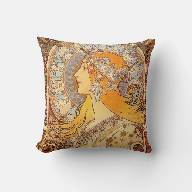 Coussin Alfonse Mucha Zodiac Art nouveau femme (Recto)