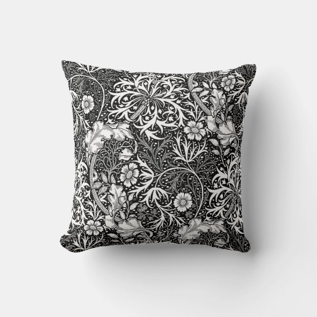 Coussin Algue de Nouveau d'art florale, noir et blanc (Recto)