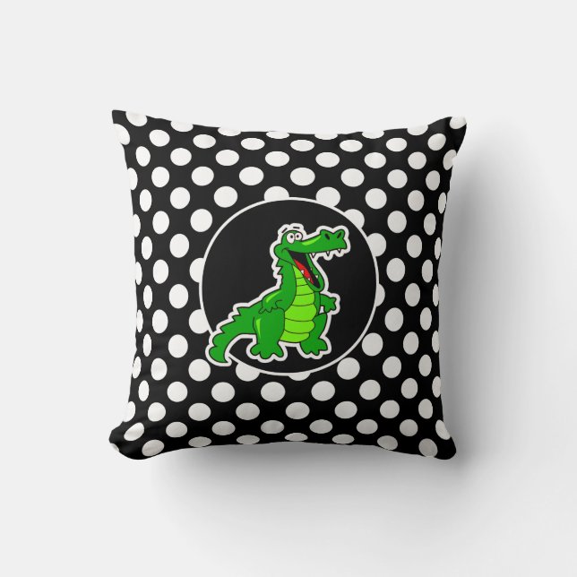 Coussin Alligator sur les Pois noirs et blancs (Recto)