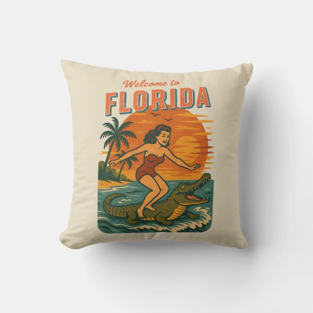 Coussin Alligator Surfing Beach Pin-up | Retro Coastal Art (Recto)