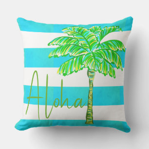Coussin Aloha de palmier à rayures turquoise et blanche
