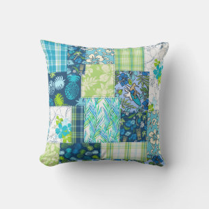 Coussin Aloha Patchwork Hawaiian Tropical Prints - Turquoi