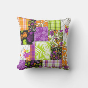 Coussin Aloha Patchwork Hawaiian Tropical Prints - Violet
