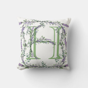 Coussin Alphabet lettre H, aquarelle Lavande botanique