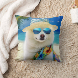 Coussin American Eskimo on Beach, cadeau d'été pour amoure