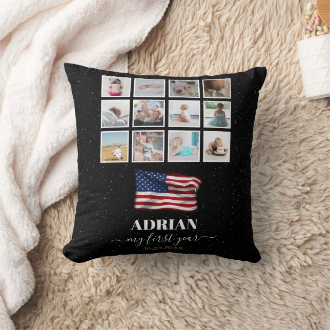 Coussin American Flag Baby First Year Photo Collage (Couverture)
