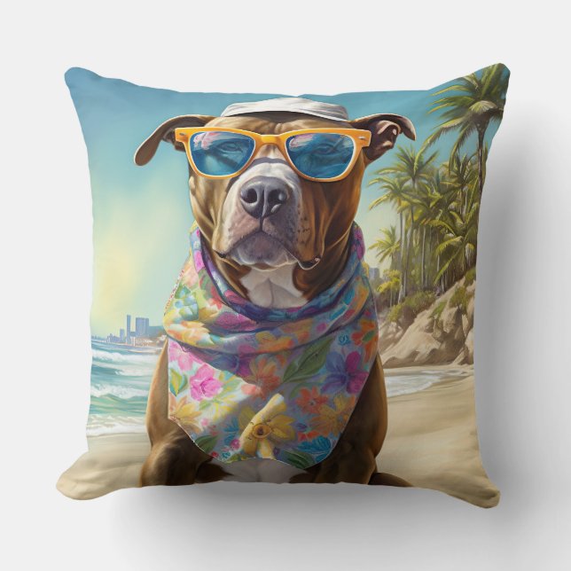 Coussin American Staffordshire sur la plage, cadeau d'été (Recto)