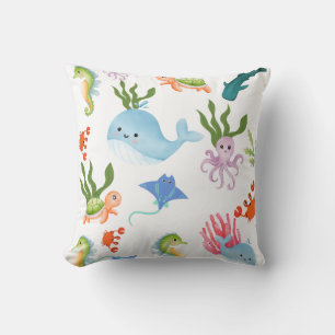Coussin Amis mignons sous l'eau – Motif d'animaux océaniqu