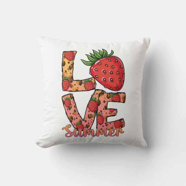 Coussin Amour et été | Rose et Brown | Fraise fraîche (Recto)