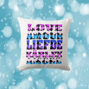 Coussin Amour Langues Étrangères Coeurs Rose Violet Noir