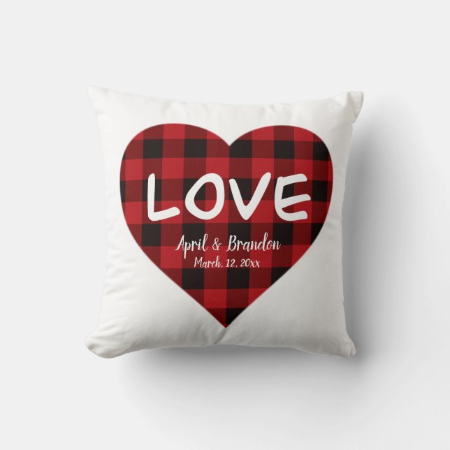 Coussin Amour, motif plaid de buffle rouge, coeur valentin (Recto)