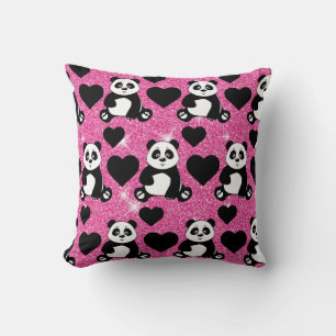 Coussin Amoureux d'animaux Ours Panda Cœurs Noirs Paillett