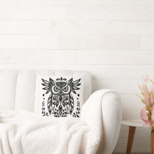 Coussin Amoureux de hiboux Rustique Bois Noir Blanc Bohème