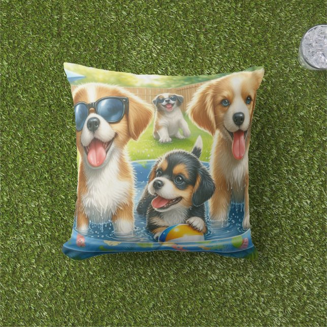 Coussin Amoureux de les chiens de la fête de la piscine (Herbe)