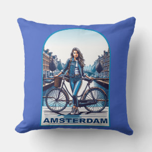Coussin Amsterdam fille avec vélo sur pont