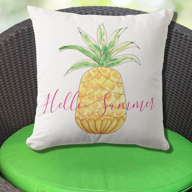 Coussin Ananas Bonjour été Aquarelle rose jaune (Créateur téléchargé)
