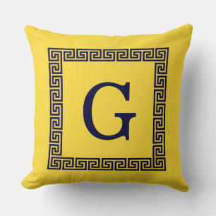 Coussin Ananas, Clé grecque bleue marine #1 Monogramme enc