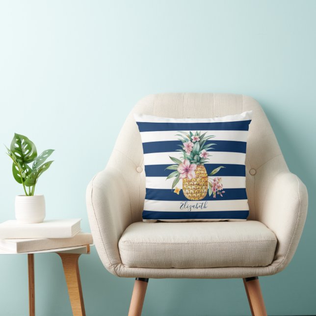 Coussin Ananas Floral Tropical, Bleu de la Marine (Chaise)