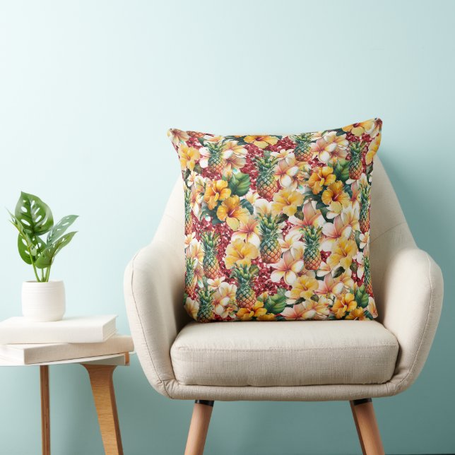 Coussin Ananas Floral Tropical Rouge Parties scintillant A (Chaise)