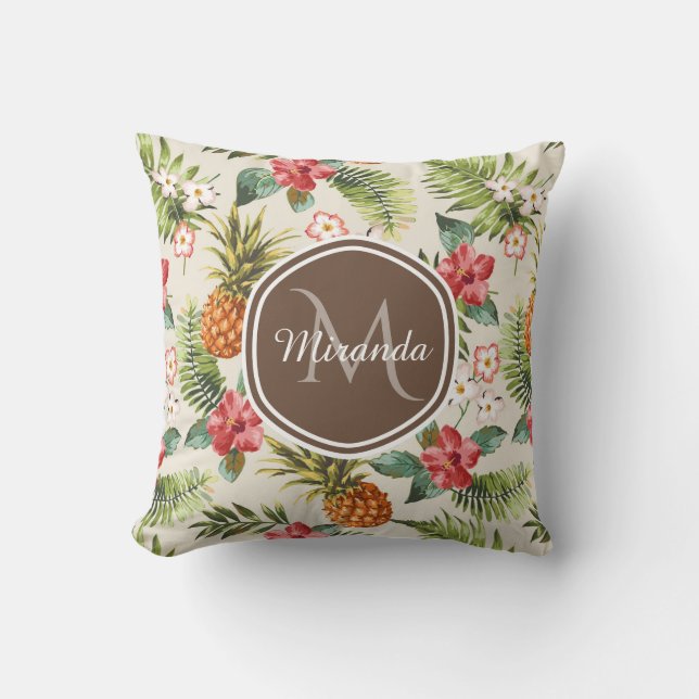 Coussin Ananas tropicale exotique Floral Monogramme Brown (Recto)