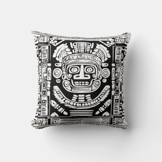 Coussin Ancient Mayan Sun God Mask Tribal Art Throw Pillow (Recto)