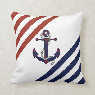 Coussin Ancrage bleu rouille/corde/bande rouge/blanche
