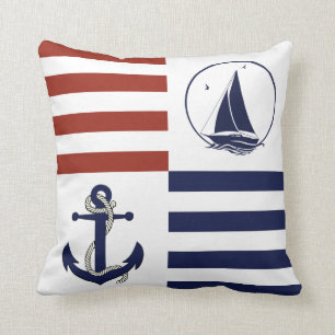 Coussin Ancrage marin/voilier rouge/bande bleue marine