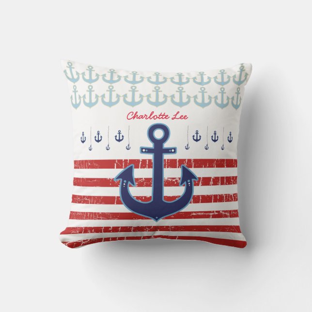 Coussin Ancre avec rayures rouges, nautique personnalisé (Recto)