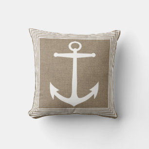 Coussin Ancre blanche marine et Faux Burlap