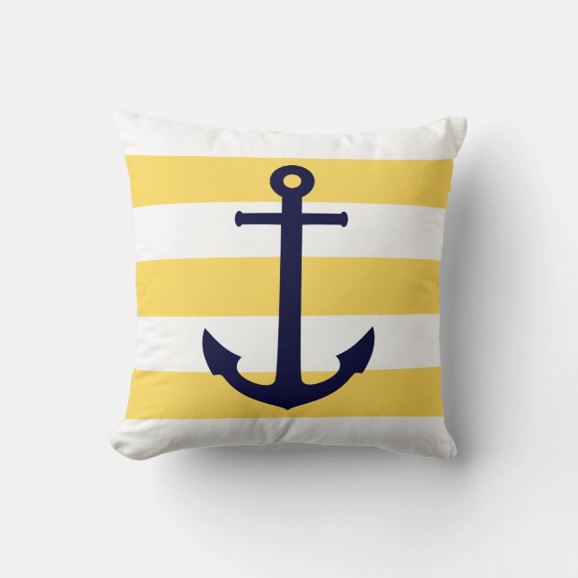 Coussin Ancre Bleue De La Marine Sur Les Grèves Jaunes Et  (Recto)