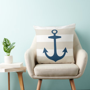 Coussin Ancre Bleue Marine Nautique avec rayures Beige