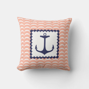 Coussin Ancre Bleue Marine Nautique Coral Vagues Rose